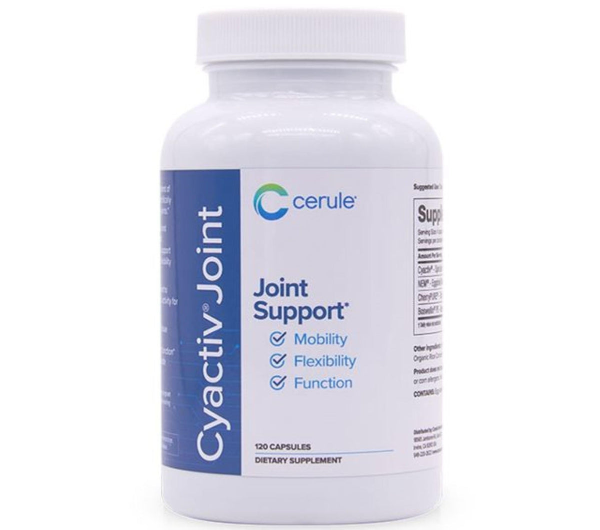 Cerule Cyactiv spirulina bottle closeup for joint comfort and daily mobility