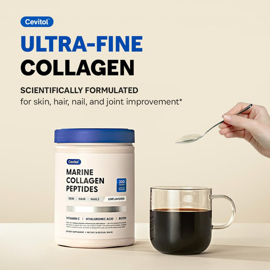 Closeup of Cevitol Marine Collagen powder showing ultra-fine 300Da peptides.