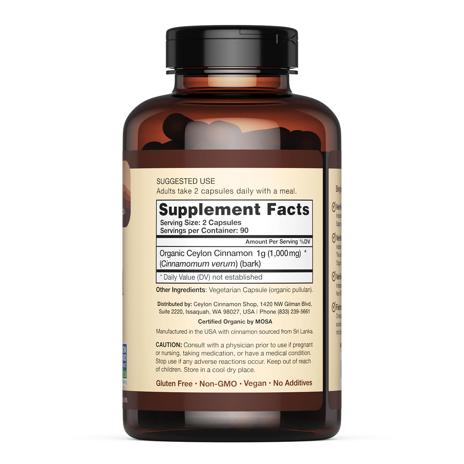 Non-GMO verified label on Ceylon Cinnamon Shop capsules
