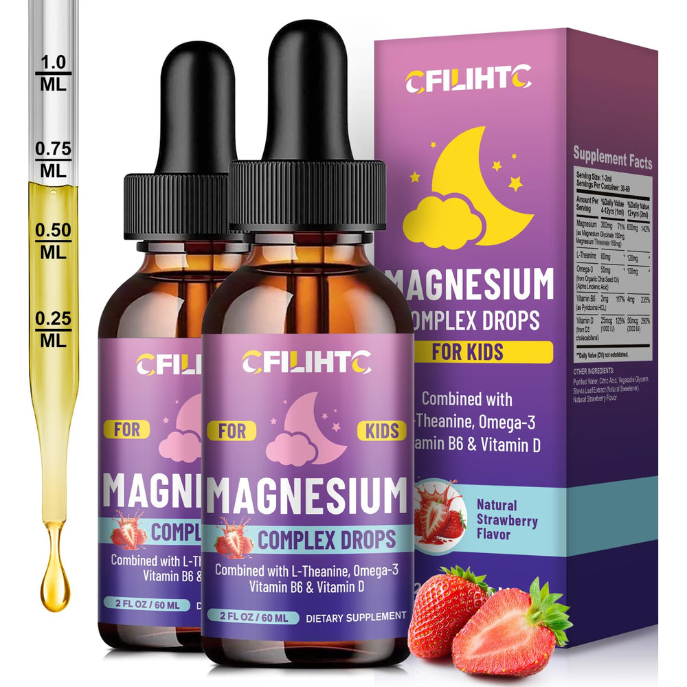 CFILIHTC Kids Magnesium Liquid Drops bottle highlighting calming formula for better nights.