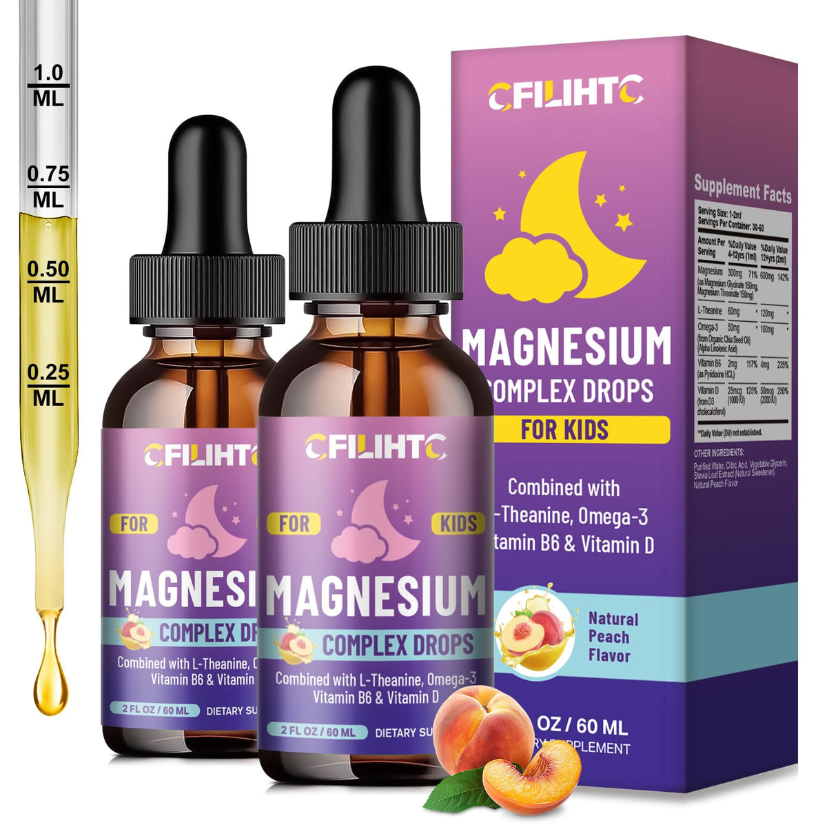 CFILIHTC Kids Magnesium Liquid Drops bottle with peach flavor for calm sleep support.