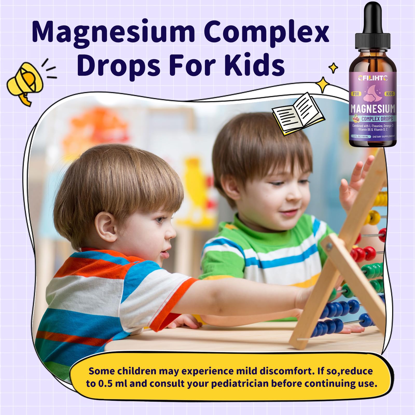CFILIHTC Kids Magnesium Liquid Drops dropper-dispense enables easy kid dosing.