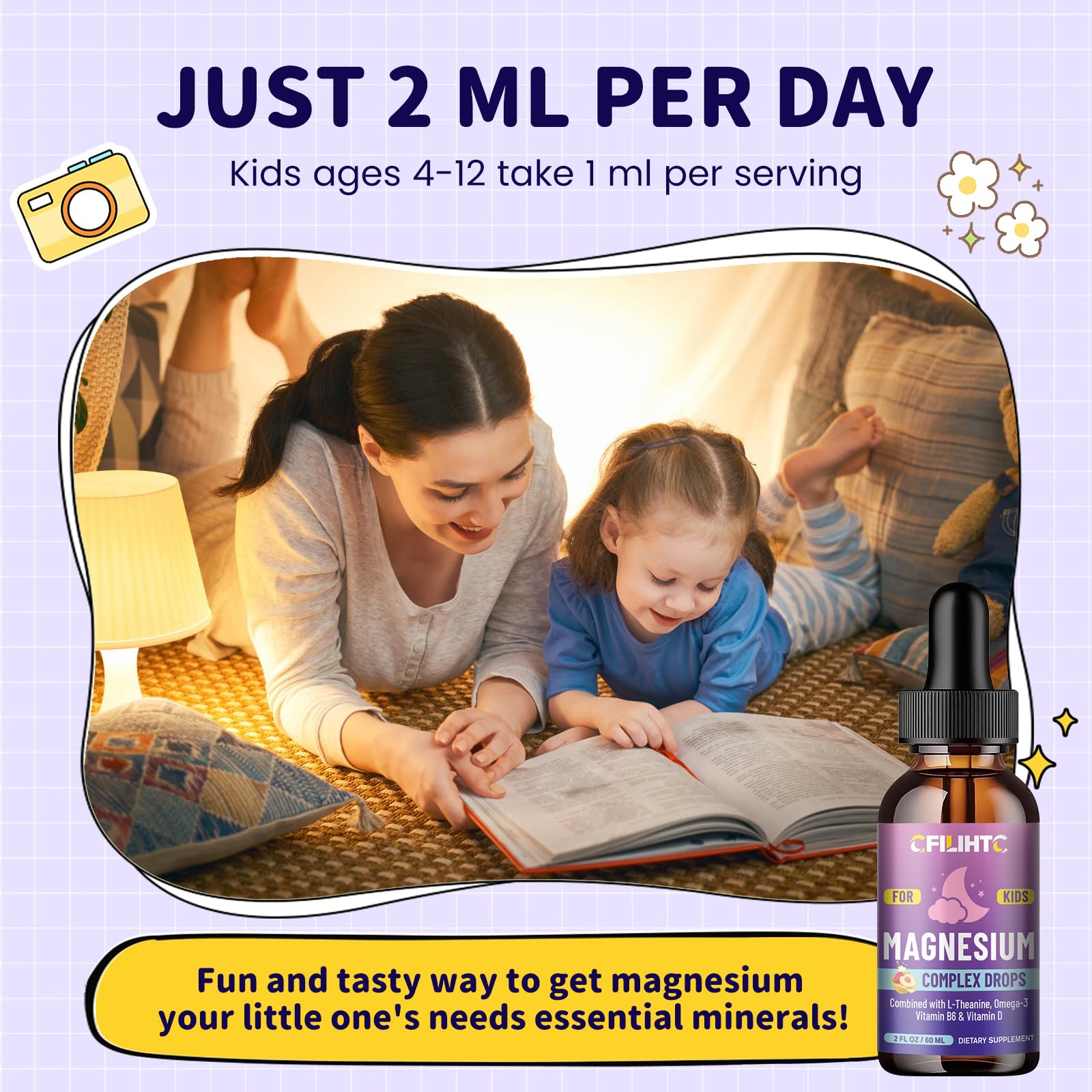 CFILIHTC Kids Magnesium Liquid Drops nightstand scene for bedtime routine.