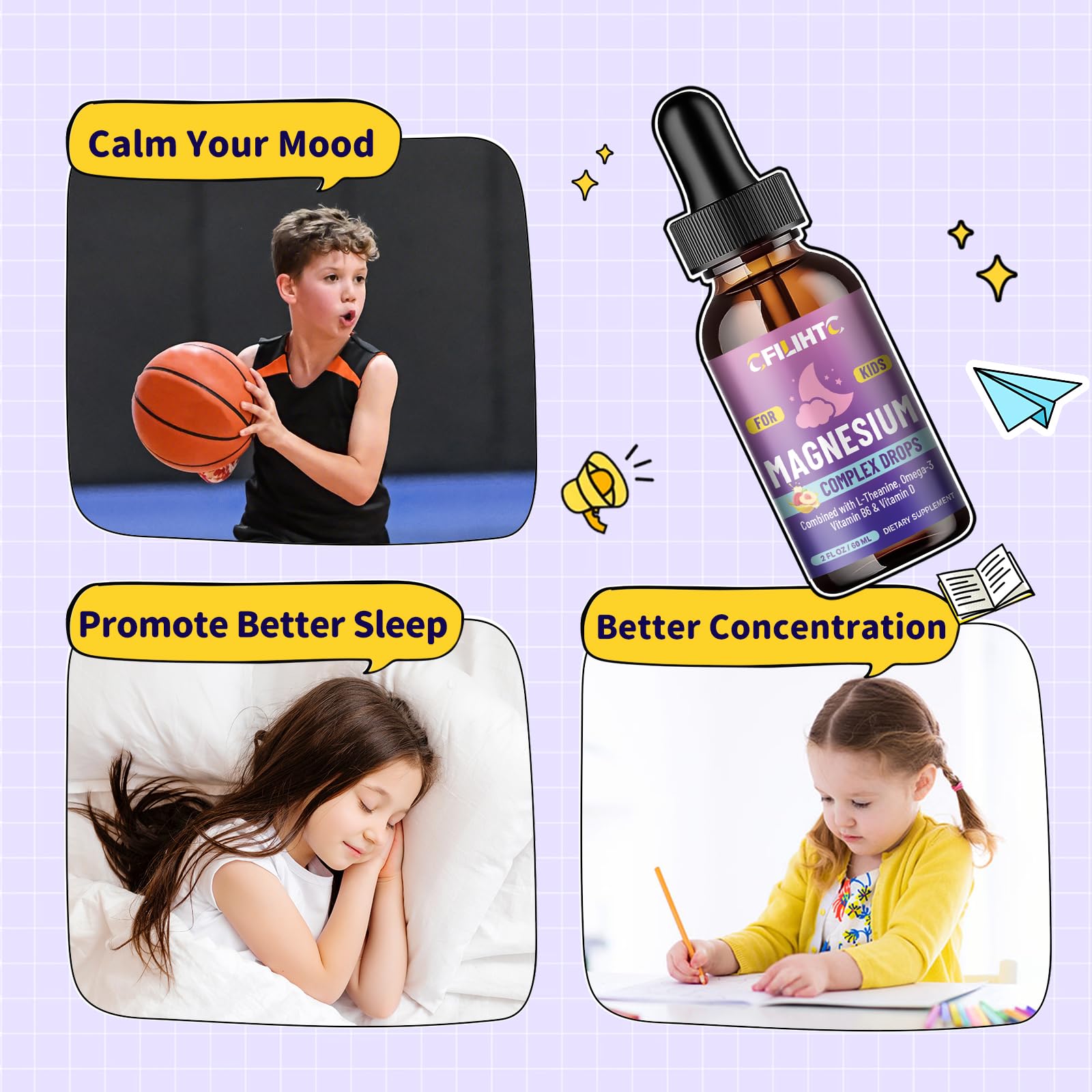 CFILIHTC Kids Magnesium Liquid Drops under-tongue administration for quick absorption.