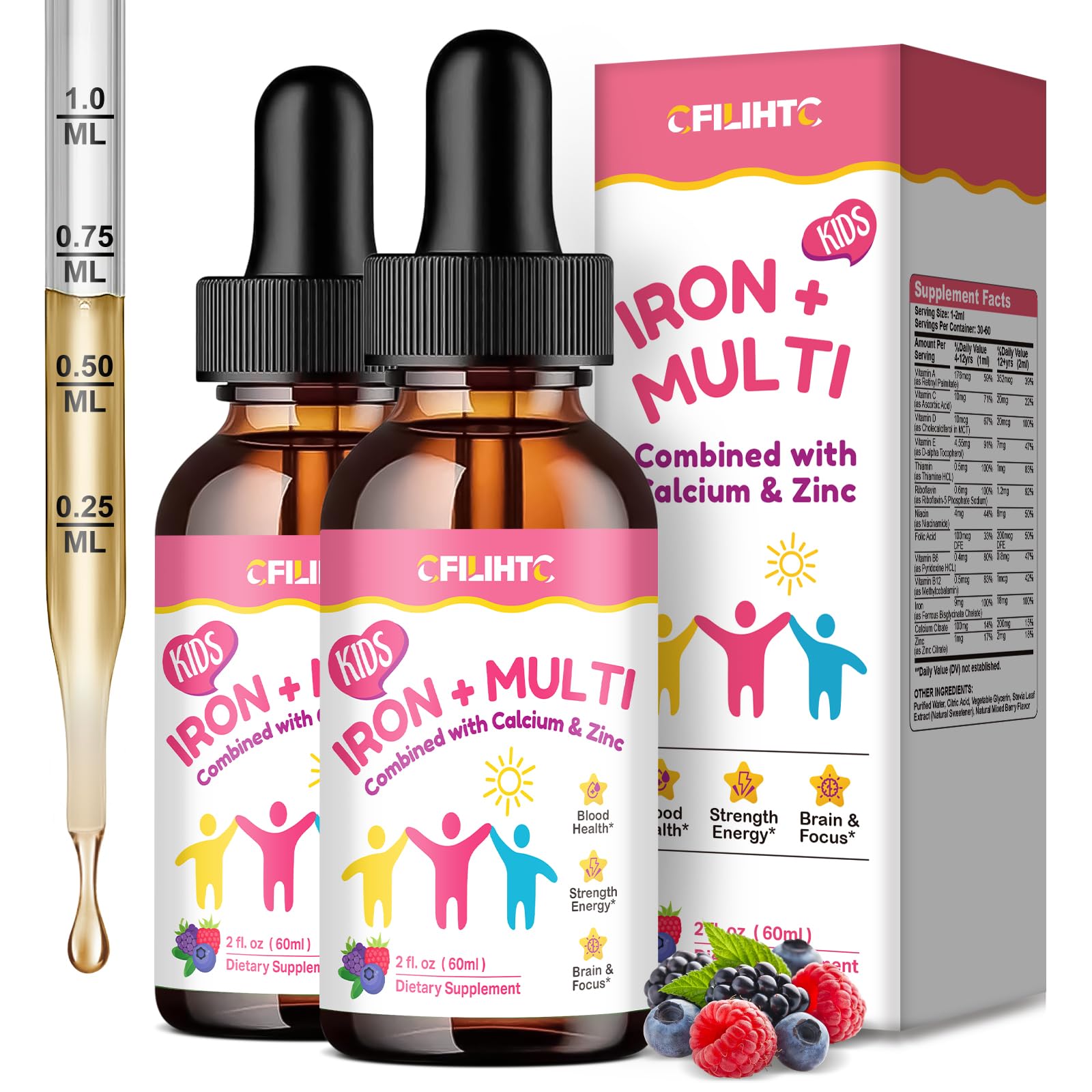 CFILIHTC liquid iron drops bottle with berry flavor supports gentle iron intake.