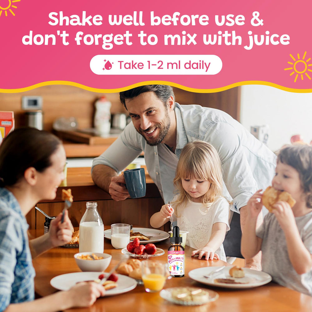 Drops being mixed into juice for a child’s iron routine.