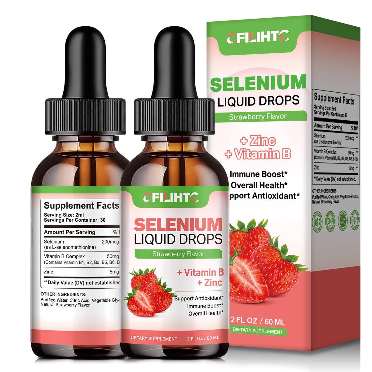 CFILIHTC Selenium Drops bottle front shows strawberry flavor for easy daily use