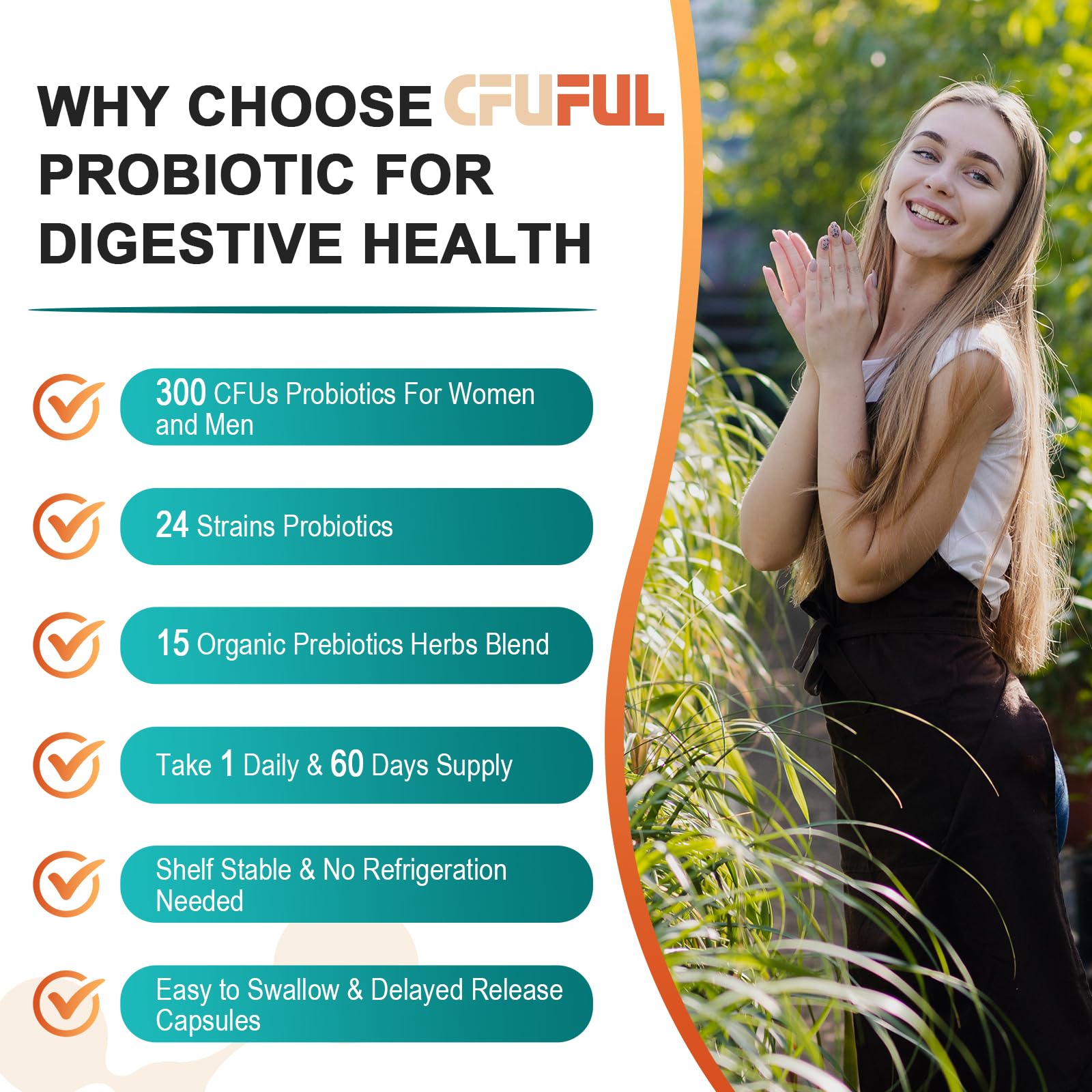 Cfuful Probiotics 15 organic herbs prebiotic blend for gut flora nourishment.
