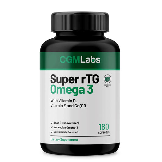 CGM Labs Super rTG Omega3 softgels in bottle for daily heart health support