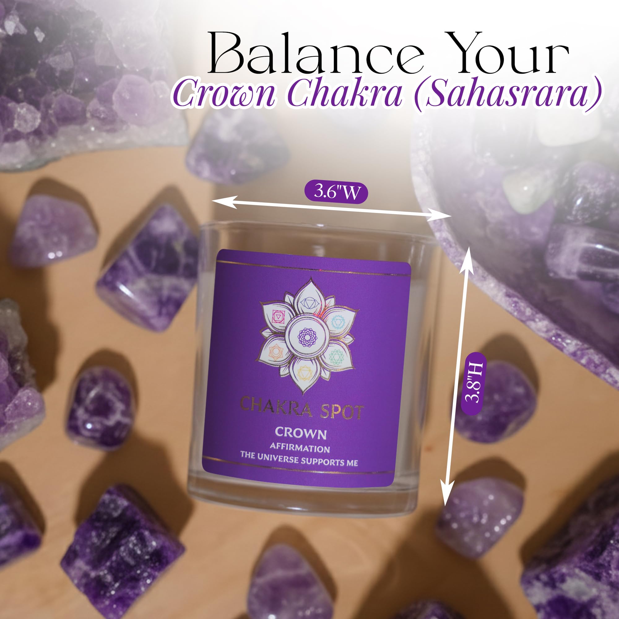 Chakra Spot Crown Chakra candle with amethyst energy enhances focus.