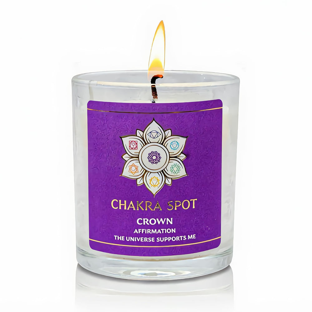 Chakra Spot Crown Chakra candle close-up for meditation and calm.