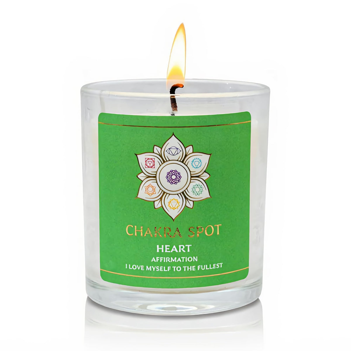 Chakra Spot Heart Chakra Candle in jar with rose-quartz energy for meditation.
