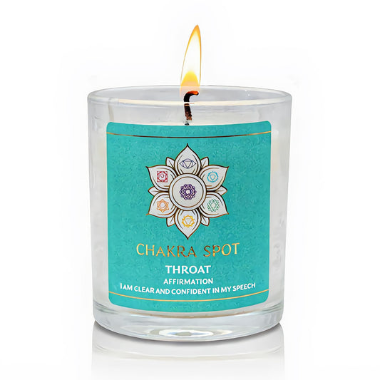 Chakra Spot Vishuddha candle with blue aura promotes truth and clear communication rituals.