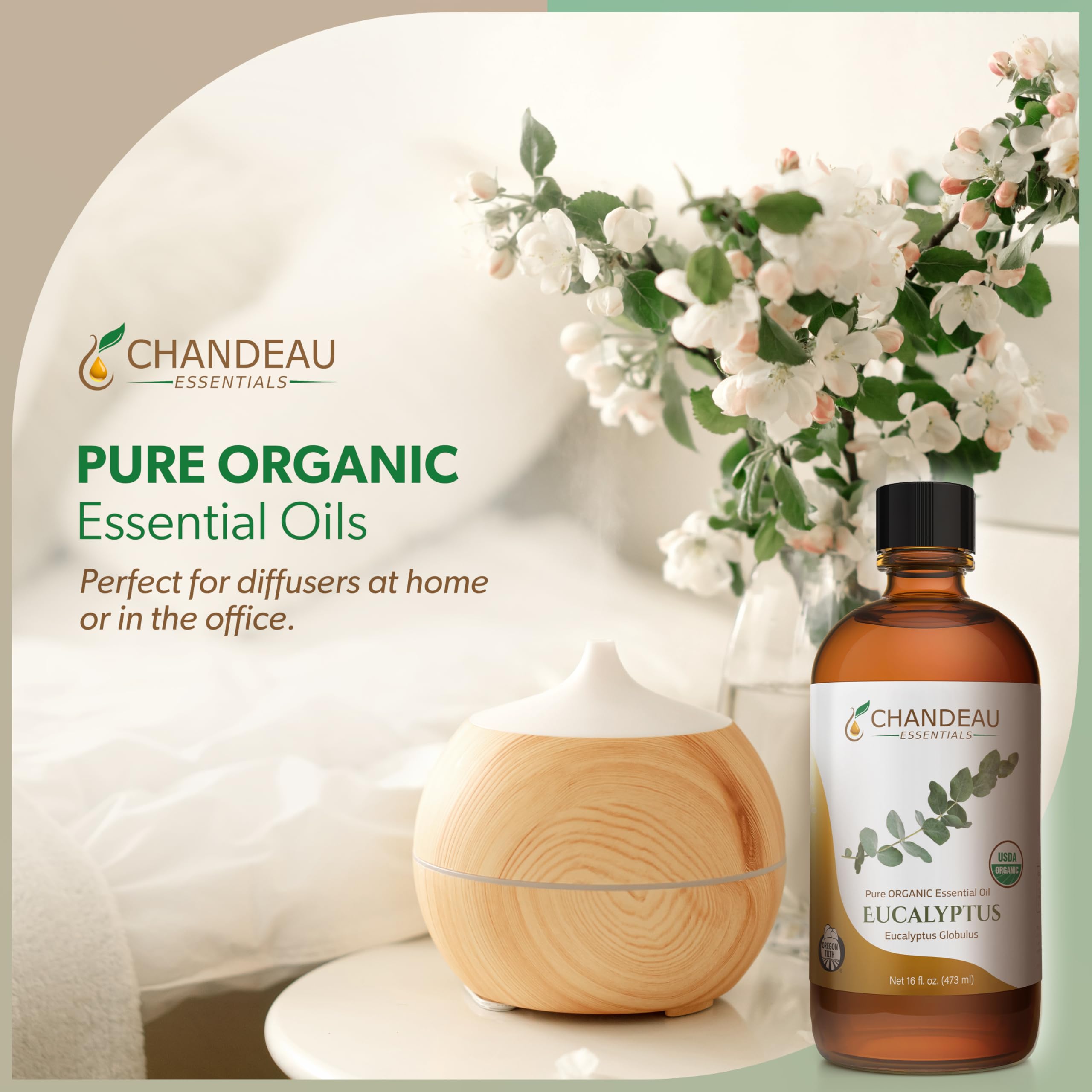 Chandeau Essentials eucalyptus bottle label showcases organic purity