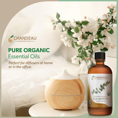 Chandeau Essentials eucalyptus bottle label showcases organic purity