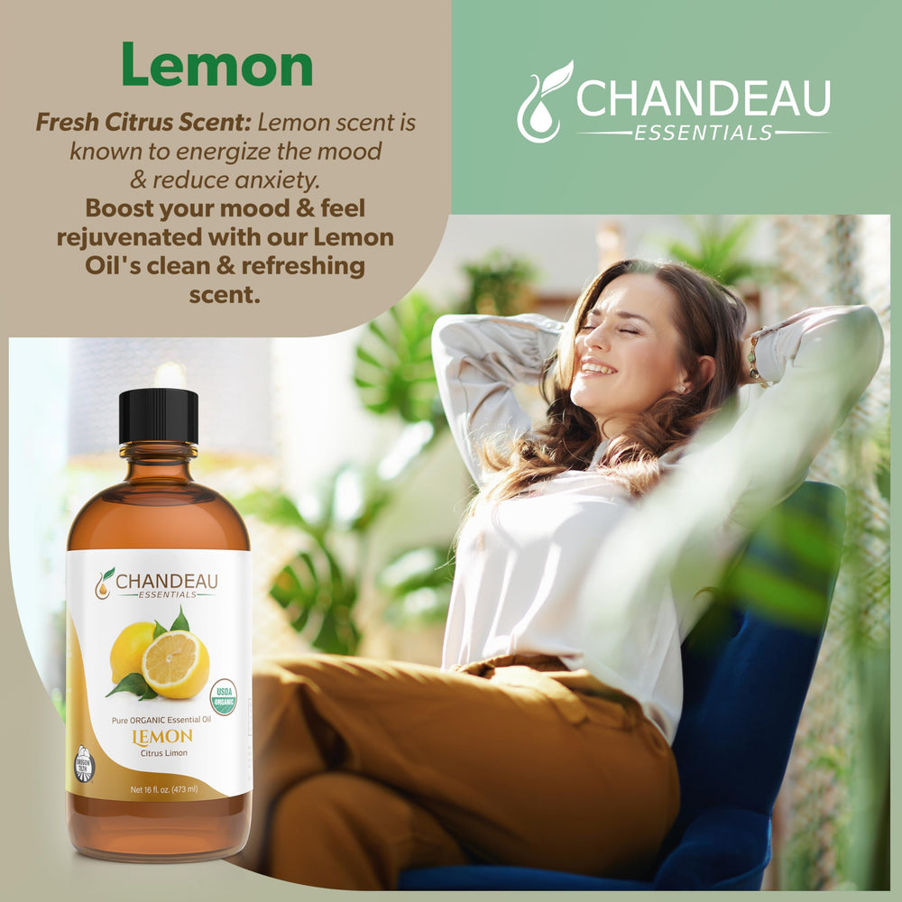 Chandeau Essentials Lemon Oil amber bottle closeup preserving citrus freshness