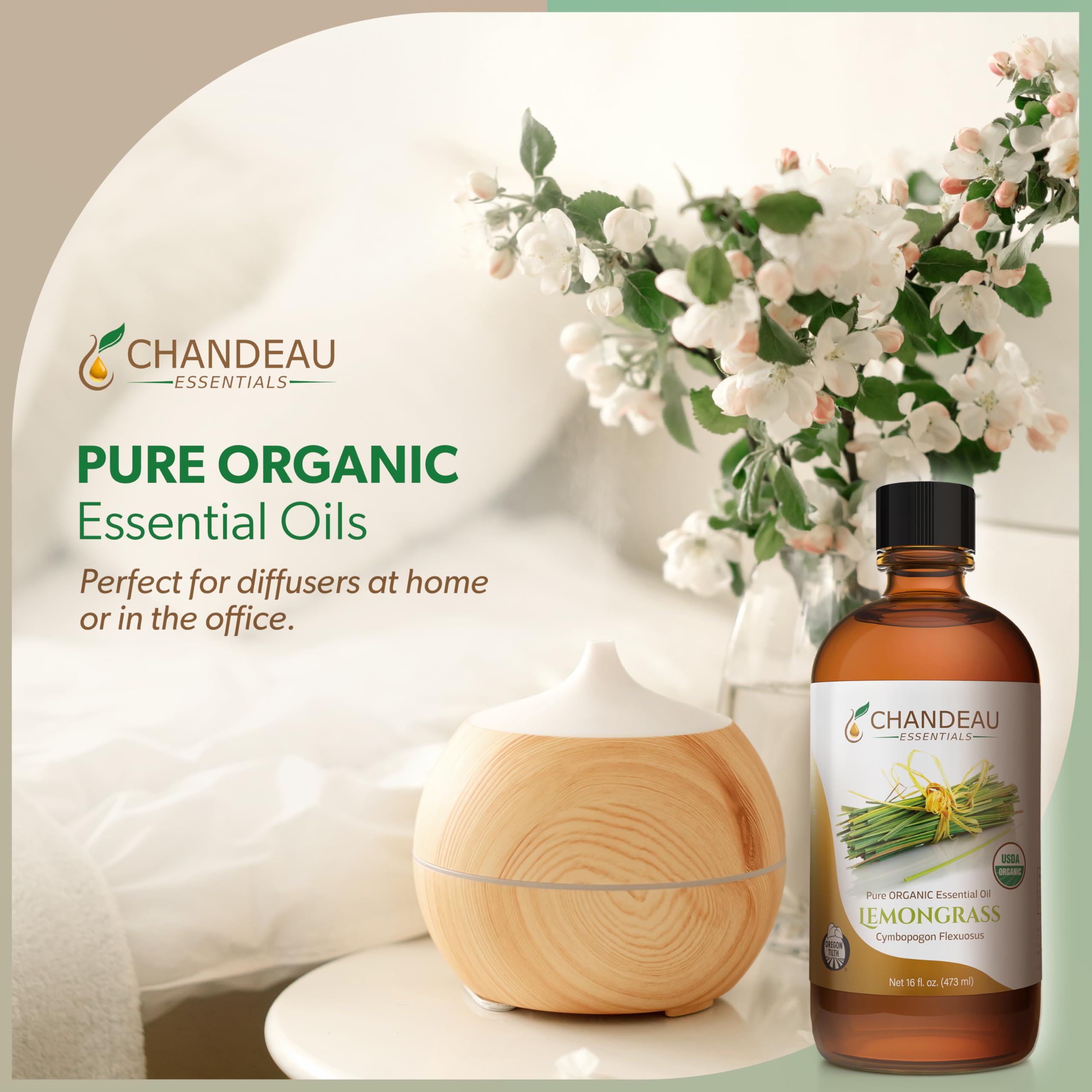 Chandeau Essentials lemongrass oil label closeup showing purity and organic claim