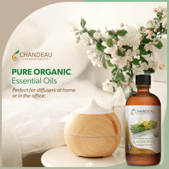 Chandeau Essentials lemongrass oil label closeup showing purity and organic claim