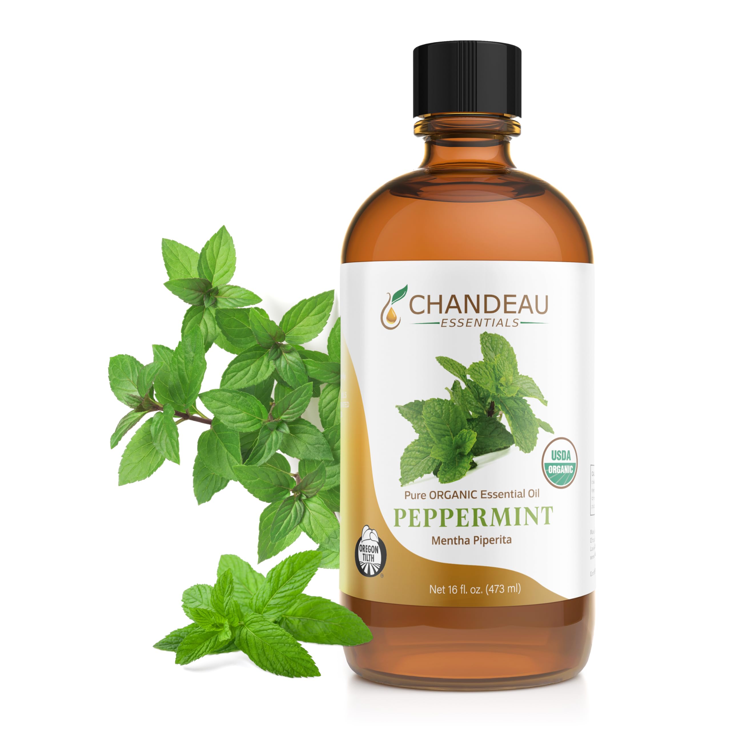 Chandeau Essentials peppermint oil bottle in amber glass for aromatherapy.