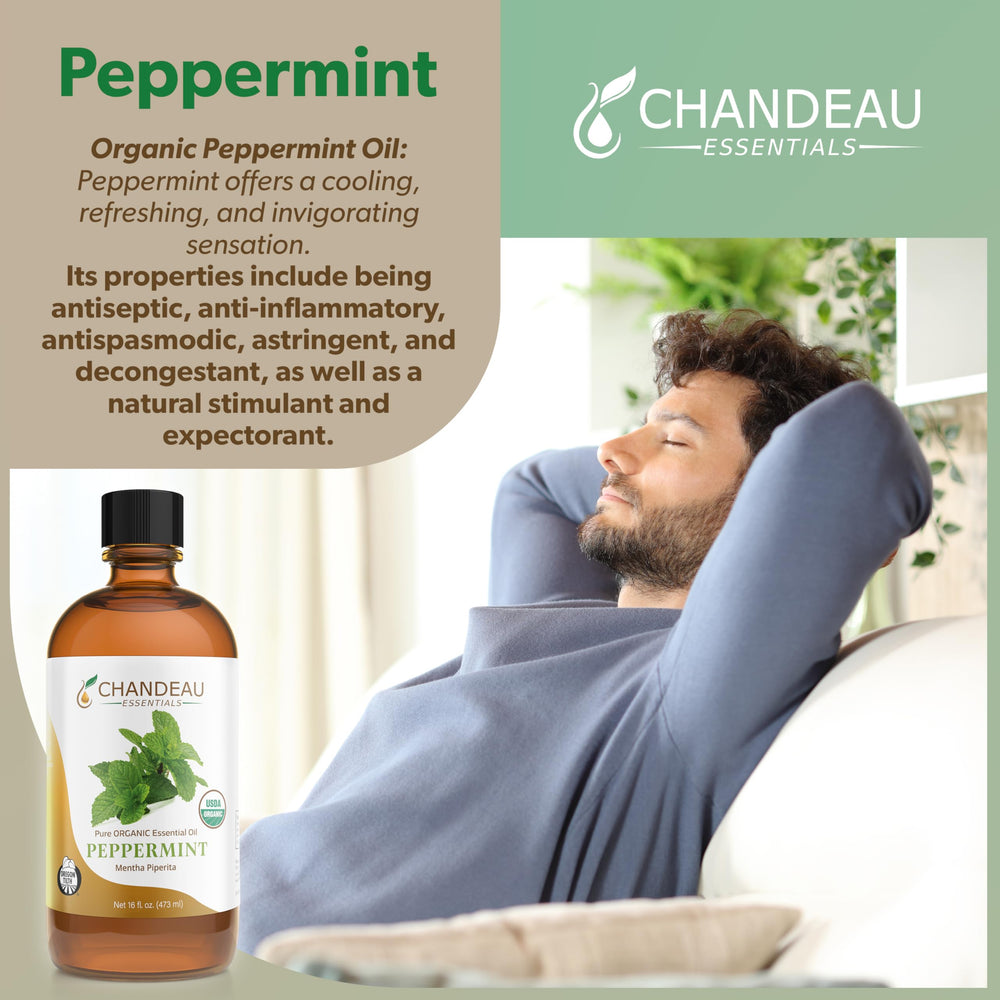 Chandeau Essentials peppermint oil diffuser mist in a room setup.