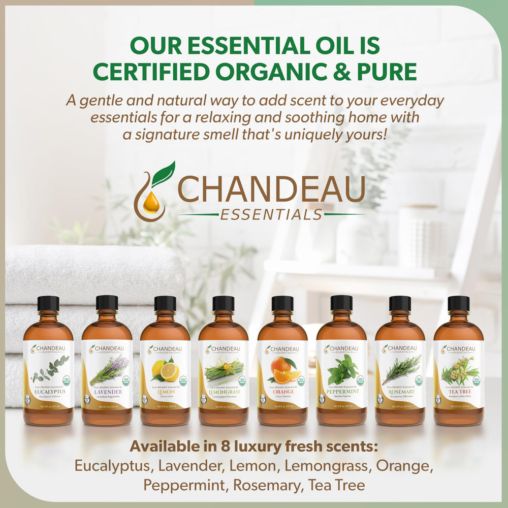 Chandeau Essentials peppermint oil label close-up showing purity.