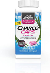 CharcoCaps Anti-Gas Formula bottle label view, SKU 927062, ideal for travel.