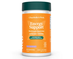 Charlotte's Web Energy Support Gummies bottle with peach iced tea flavor for caffeine-free energy.