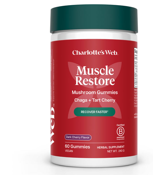 Charlotte's Web Muscle Restore bottle with chaga and tart cherry formula for recovery support