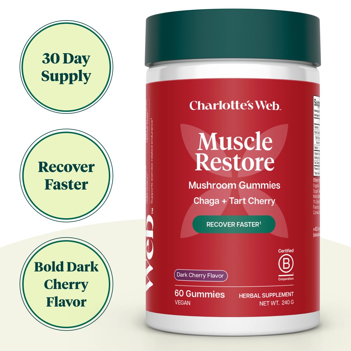 Charlotte’s Web muscle restore gummies in dark cherry flavor for tasty recovery