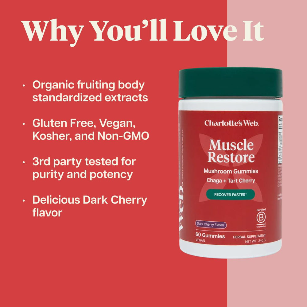 Charlotte's Web ingredients: tart cherry, chaga, and clean formula
