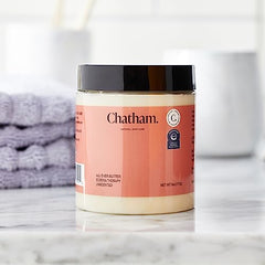 Chatham All Over Butter tub on bathroom shelf ready to use.