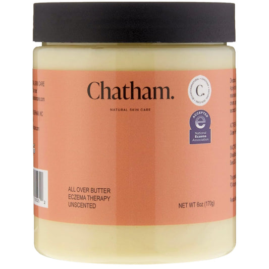 Chatham Natural Skin Care Over Butter Eczema Therapy label close-up, ceramide-rich oils for protection