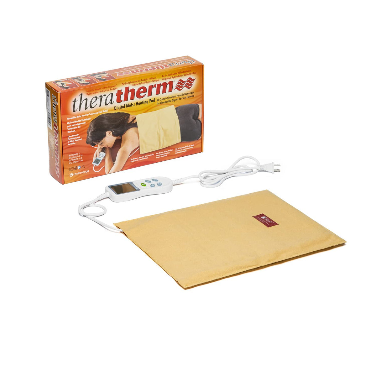 Chattanooga Theratherm digital moist heat pack on shoulder and neck for adjustable heat and comfort