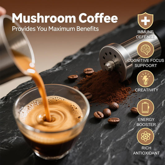 CHATTER PAWS Mushroom Coffee cup steaming shows ready-to-drink energy with focus.