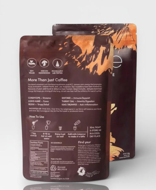 CHATTER PAWS Mushroom Coffee packaging highlights eco-friendly design and premium ingredients.