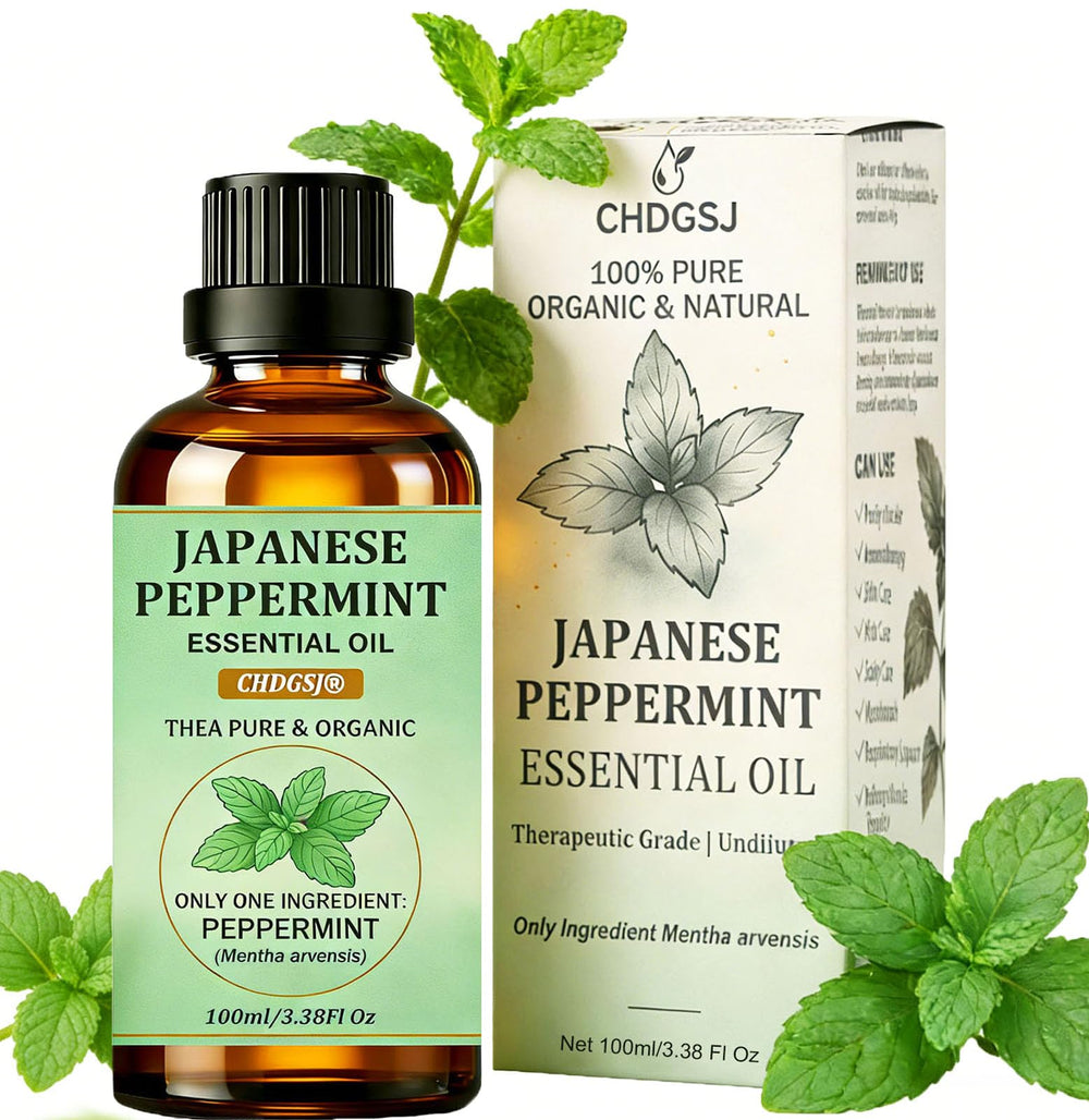 CHDGSJ Japanese Peppermint Oil bottle closeup shows pure clarity and refreshing aroma