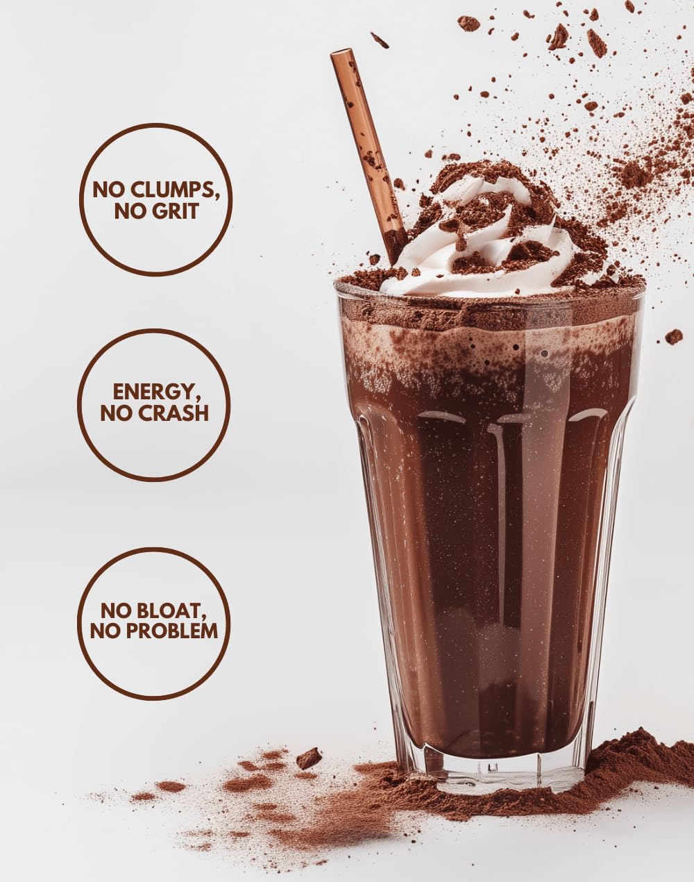 Cheerific dark chocolate powder kitchen scene for vegan, gluten-free wellness.