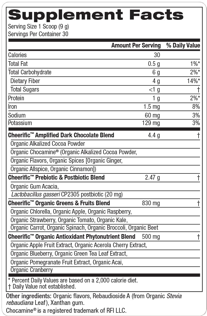 Cheerific dark chocolate powder measuring spoon emphasizes keto-friendly nutrition.