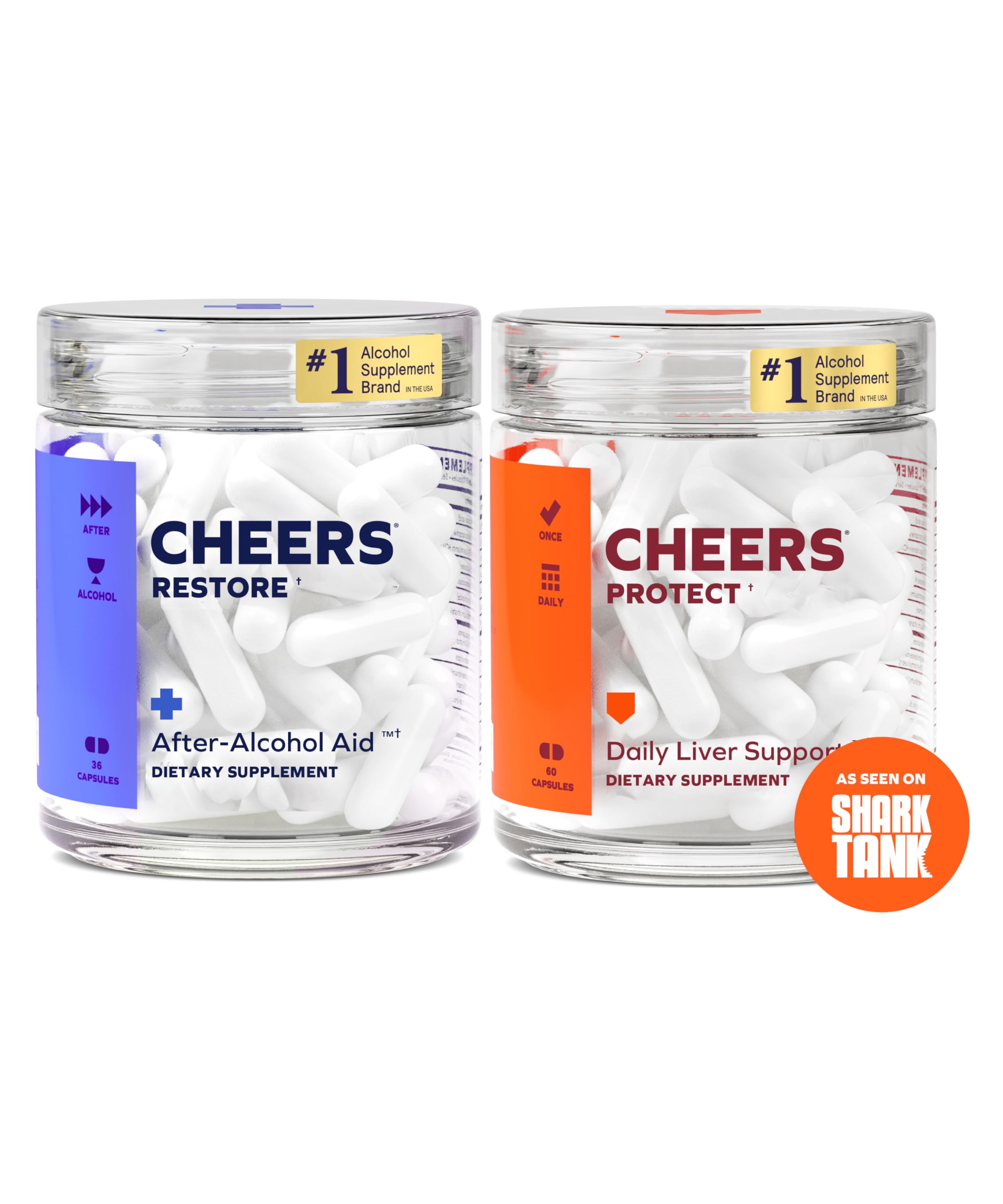 Cheers Liver Combo bottle front shows Restore + Protect capsules for post-drinking support
