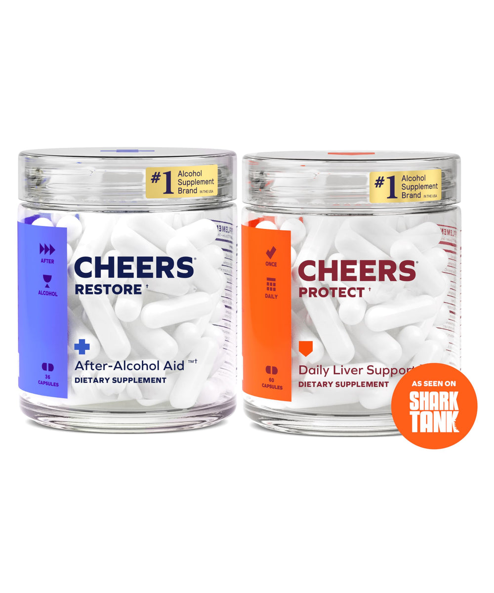 Cheers Liver Combo bottle front shows Restore + Protect capsules for post-drinking support