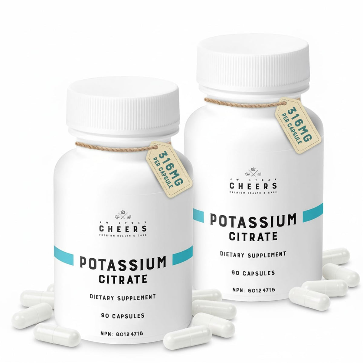 CHEERS Potassium Citrate capsules on a clean bottle label for daily electrolyte support.