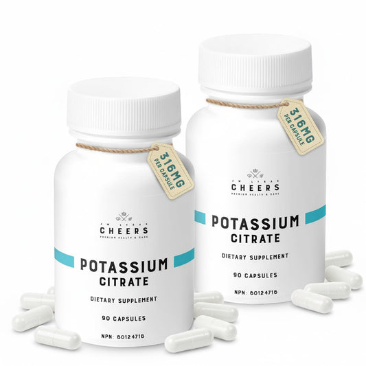 CHEERS Potassium Citrate capsules on a clean bottle label for daily electrolyte support.