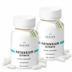 CHEERS Potassium Citrate capsules on a clean bottle label for daily electrolyte support.