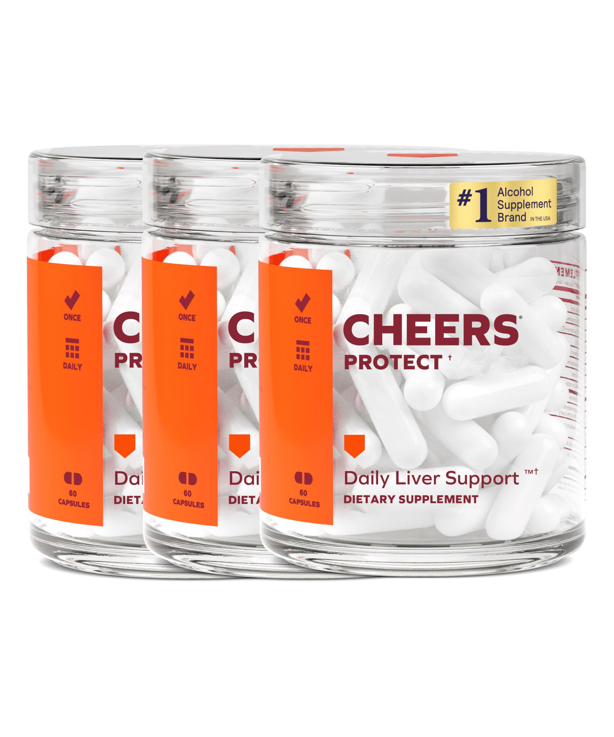 Cheers Protect bottle front showing liver-support capsules for daily use.