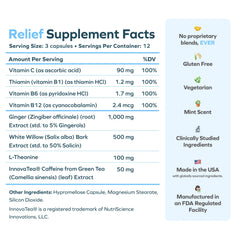 Cheers Relief ingredients panel featuring ginger, willow bark, L-Theanine, and caffeine