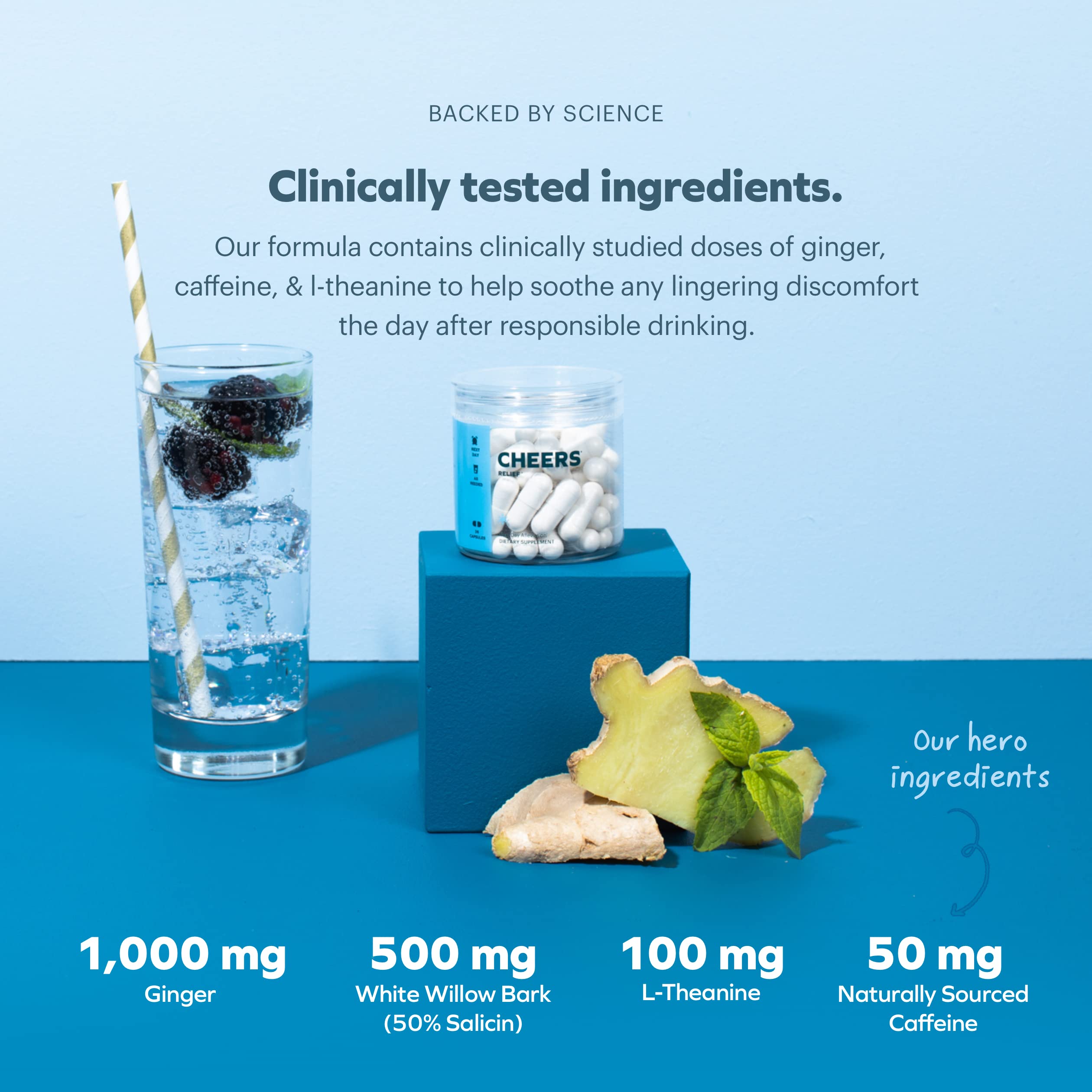 Cheers Relief L-Theanine capsules on bright backdrop for focused daytime recovery
