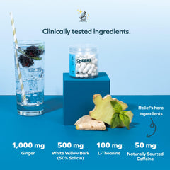 Cheers Relief packaging displaying a 36-dose bottle for convenient use