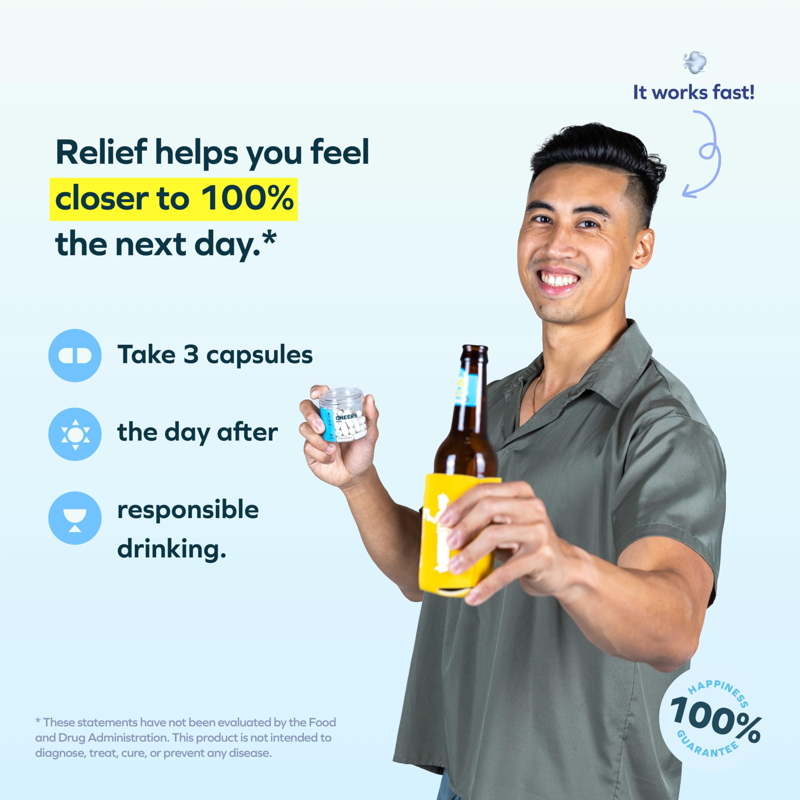 Cheers Relief white willow bark capsule close-up showing natural next-day support