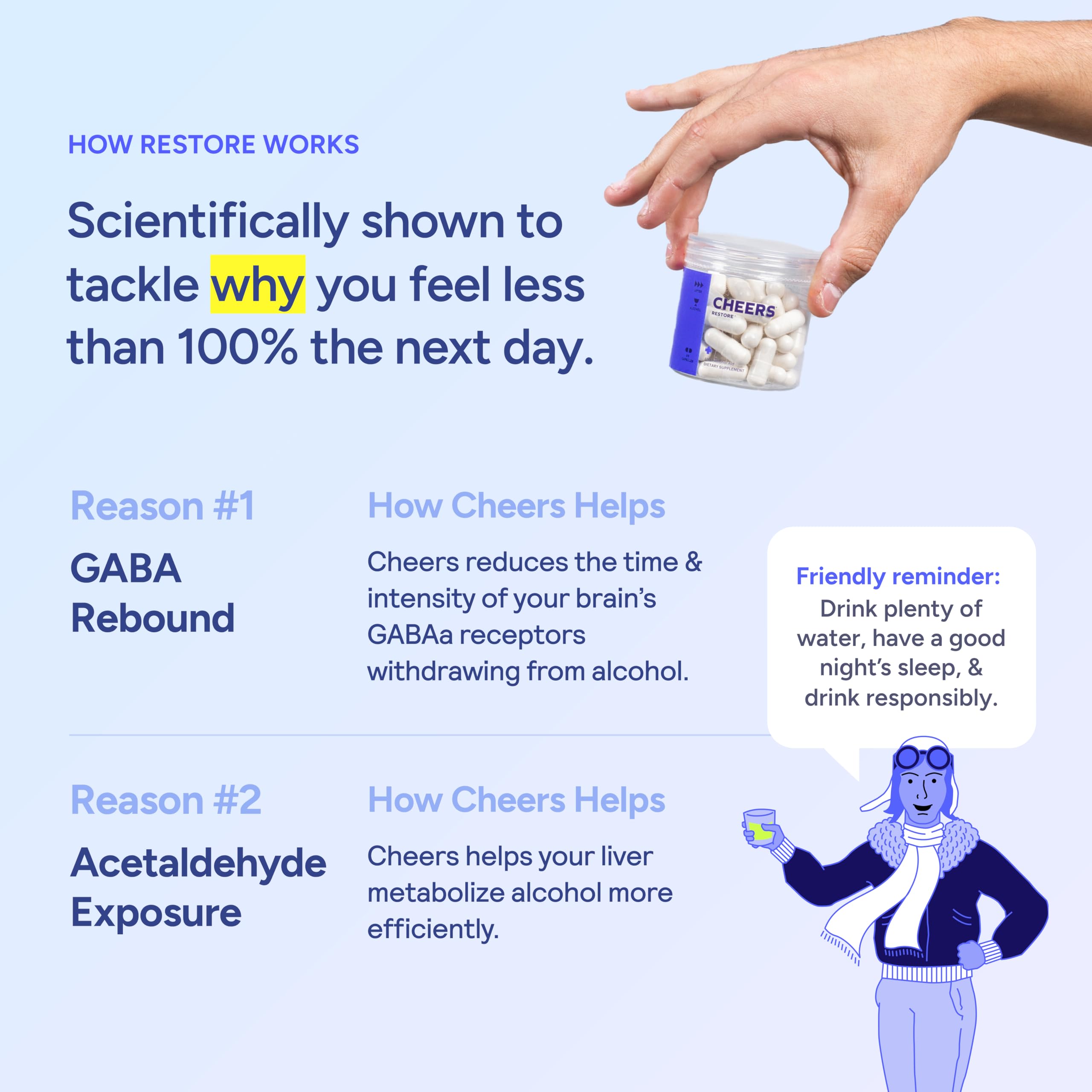 Cheers Restore bottle on nightstand hints at an easy nightly wellness routine