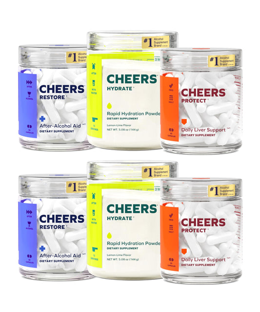 Cheers Super Combo Restore bottle with capsules for post-drinking support.